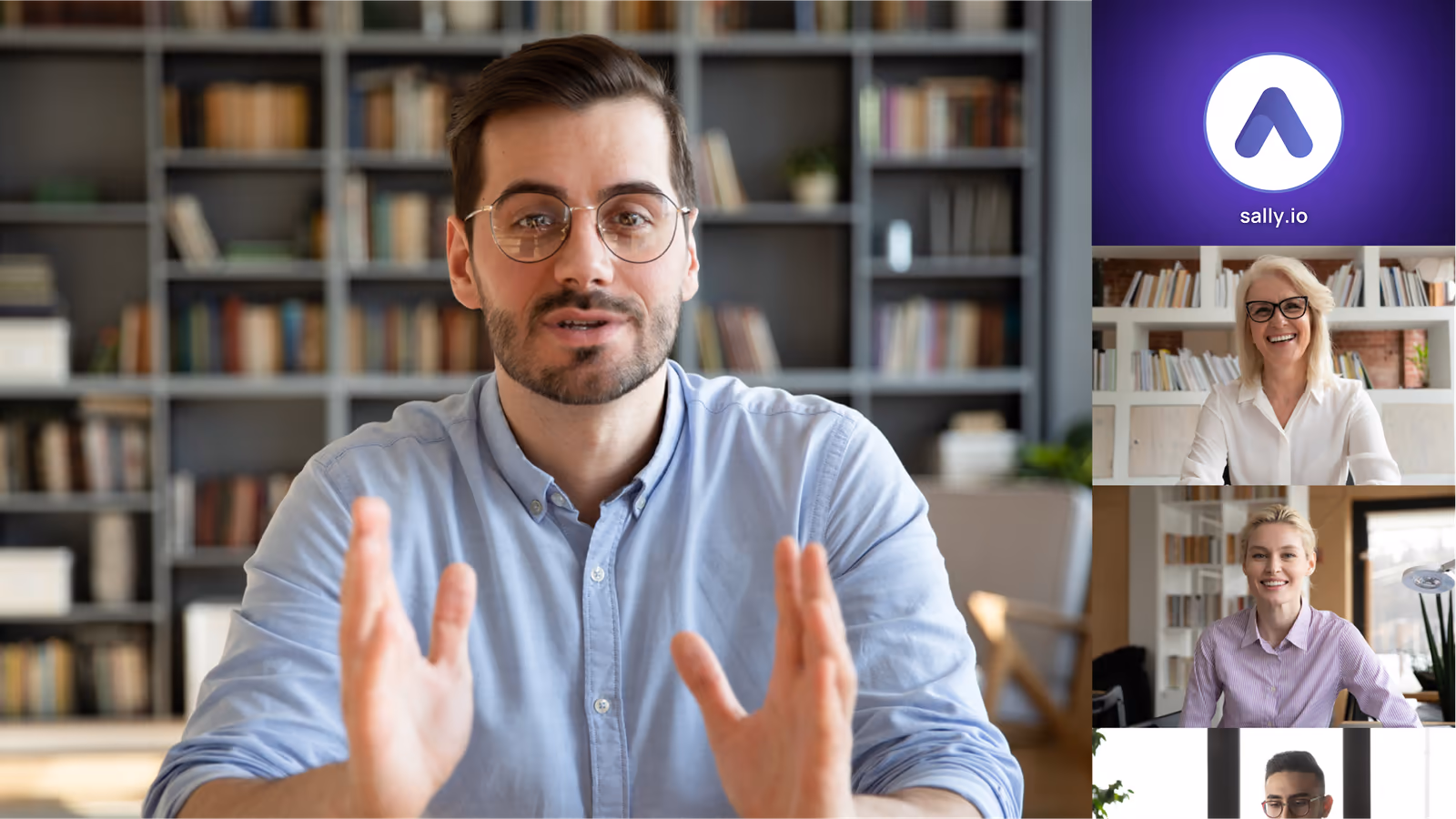 A video meeting with several participants and a Sally AI tile that has joined the call, while the German AI meeting assistant records and summarizes the conversation.